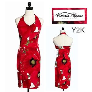 NWT Victoria Pappas Y2K bold floral 2 piece halter dress size 4